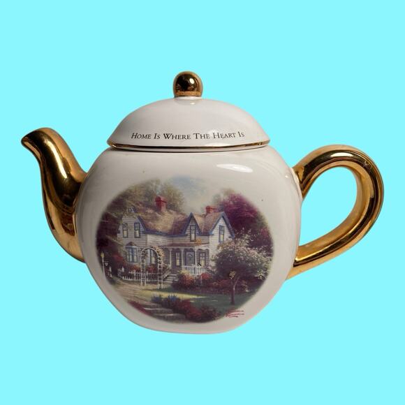 Thomas Kinkade Teapot Home Is Where The Heart Is Teleflora Tea Pot Gold Trim - Picture 4 of 7